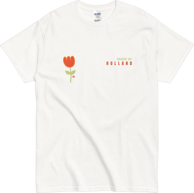 Hollands Tshirt met Tulpje - Quote: Made in Holland - Dames Heren - Wit - L