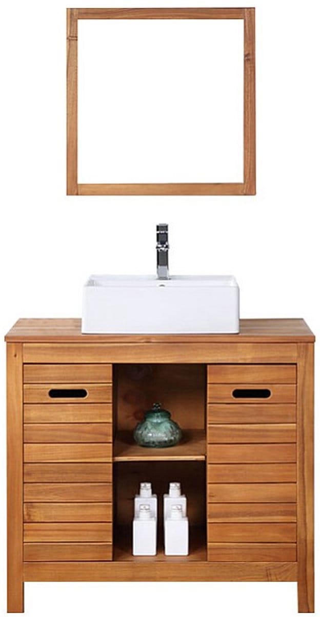 Vente-unique Badkamermeubel in acaciahout met enkele wastafel en spiegel - 90 cm - PULUKAN