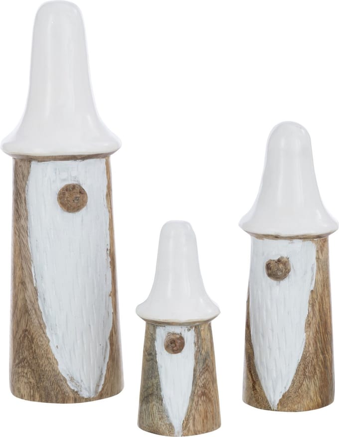 J-Line figuur Kabouter Paddenstoel - hout - naturel/wit - 3 stuks