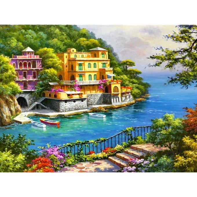 Peinture de paysage en broderie de diamant, strass ronds complets, image de ville côtière 20X30CM brown