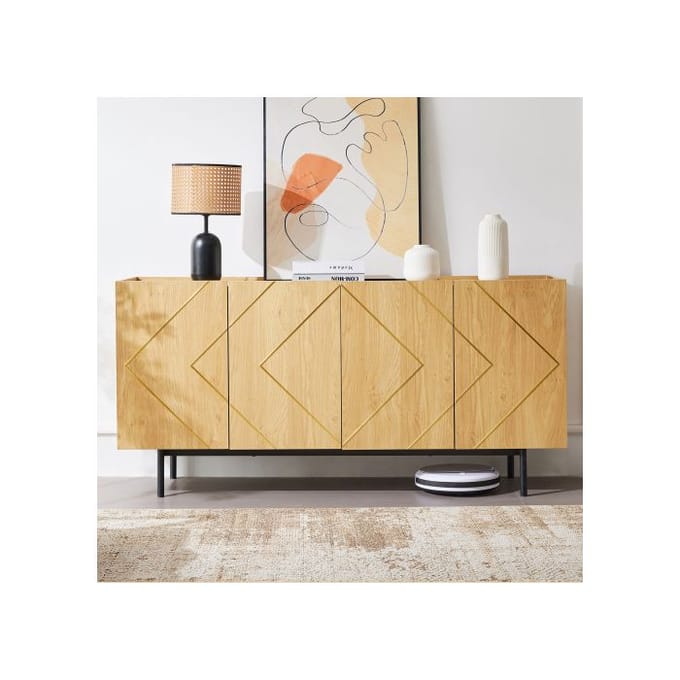 Lage buffetkast - MUVOE - 4 deuren - Natuurlijk hout - Metalen inzetstukken - H78 cm B160 cm D40 cm