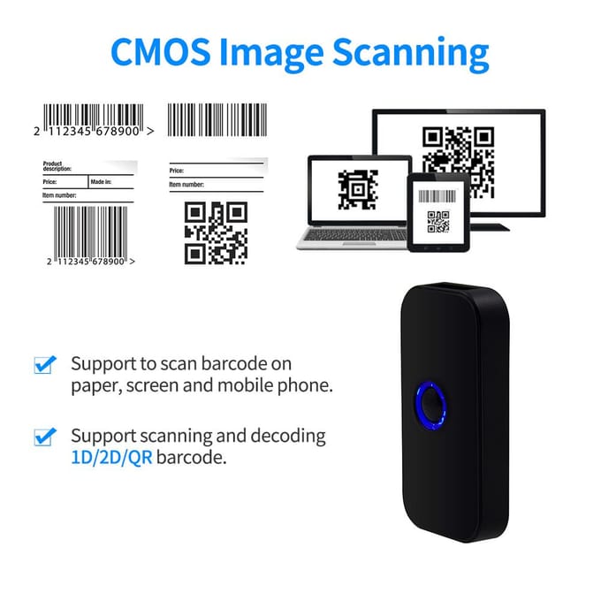 Aibecy Handheld 3in1 barcodescanner 1D2DQR barcodelezer Ondersteuning BT & 2.4G draadloos en USB Support 1D Code zwart