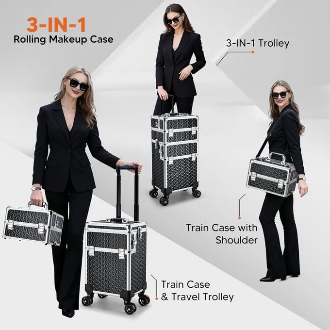 Grote Mobiele Make-upkoffer 3-in-1 Trolley met Wielen voor Professionals