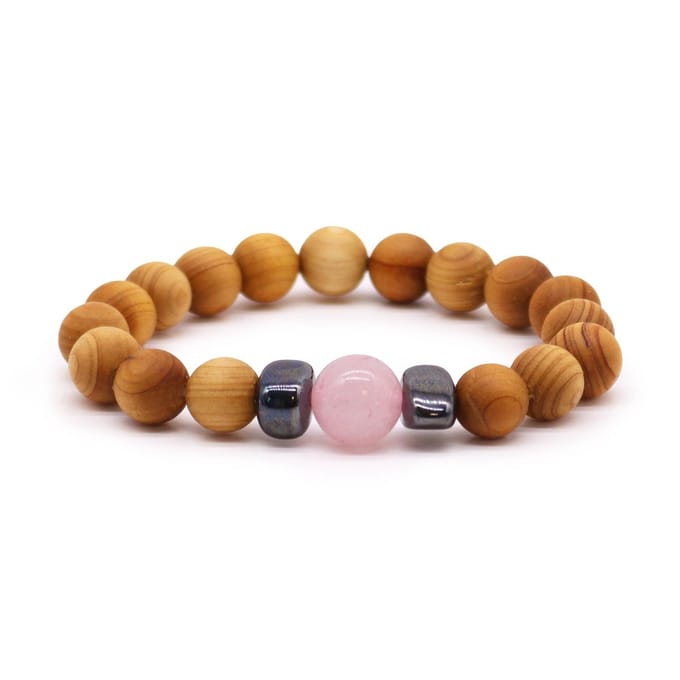 Cederhouten Hartchakra Armband met Rozenkwarts – Handgemaakt – 7 cm