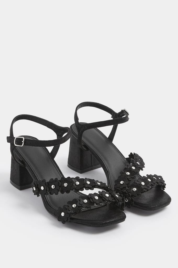 Yours Black Shimmer Floral Block Heelsandalen In Extra Wide Eee Pasvormsize 38EEE