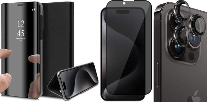 Hoesje geschikt voor iPhone 15 Pro Max - Privacy Screenprotector FullGuard & Camera Lens Screen Protector Zwart - Book Case Spiegel Zwart