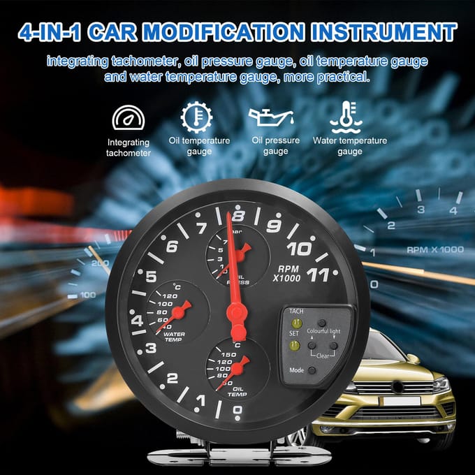 5 inch 4-in-1 auto multifunctionele meter toerenteller oliedruk olietemperatuur watertemperatuur black