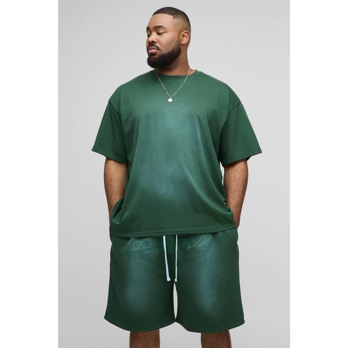 Plus OFCL Applique Spray Wash T-Shirt & Oversized Drop crotch Short Set | Green | Size 4XL