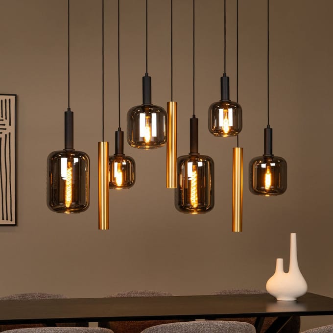 Lucide hanglamp Joanet, lengte 130 cm, rook/messing, glas, 9-lamps.