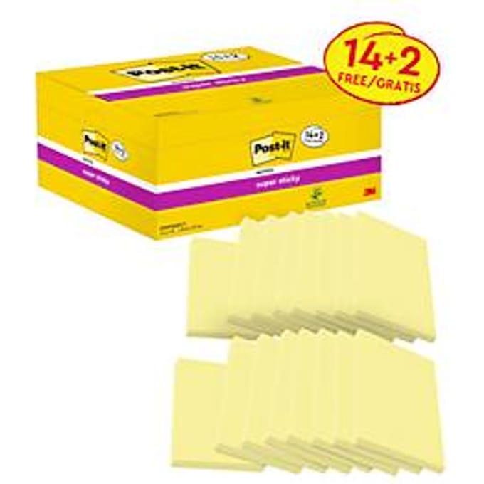 Post-it® Sticky Notes Super Sticky Notes 65516SYP, B 76 x D 127 mm, PEFC® papier, geel, 14 + 2 pads gratis, 90 vellen/pad