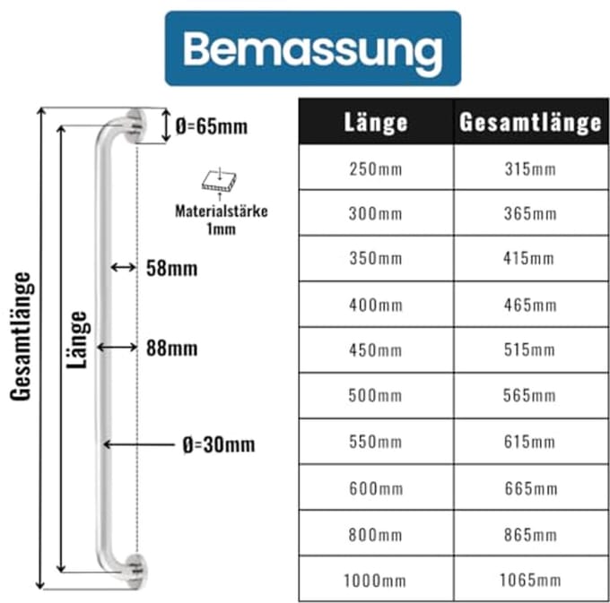 Glanzende RVS Handgreep voor Senioren - 30 mm Diameter - 1000 mm - Instaphulp & Douchegreep