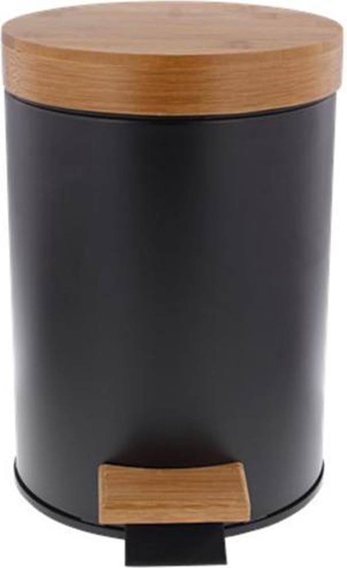 Pedaalemmer - Zwart / Bruin - Metaal / Bamboe - Rond - 3L -  Ø 17 x h 24 cm