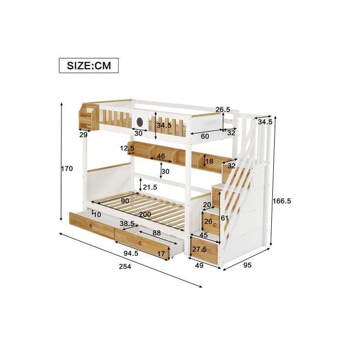 Stapelbed - 90x200 cm - Wit + Naturel - 2 lades - Geïntegreerde opbergtrap wit