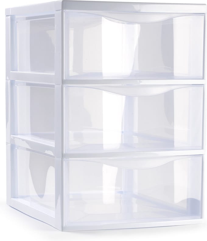 Plasticforte Ladeblokje/bureau organizer met 3x lades - transparant/wit - L18 x B25 x H25 cm