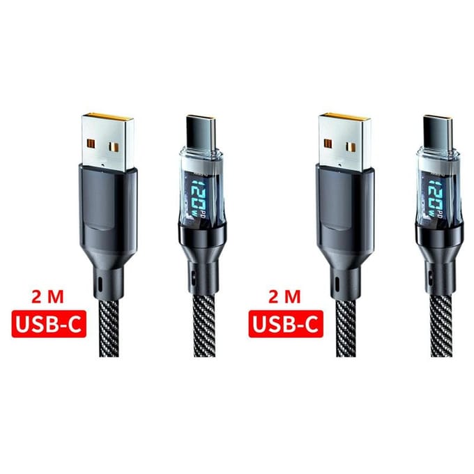 Câble USB type-c vers Type C 120W 6A, charge rapide, câble de données avec affichage LED, pour Xiaomi, Samsung, Huawei 2M-2pcs