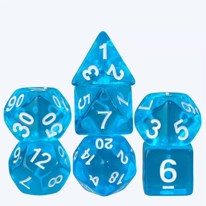 Dobbelstenen Set 7-delig – Transparant Lichtblauw D20 D12 D10 D8 D6 D4 – Voor RPG & Tafelspellen