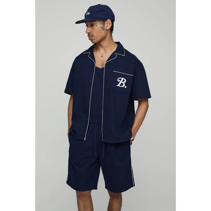 Oversized Pocket Detail Twill Shirt & Short Set | Navy | Size Medium