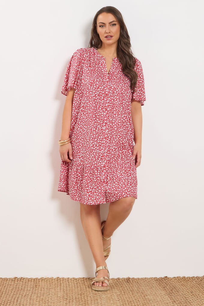 Yours Rode Smockjurk Met Fijne Bloemenprint Size 48