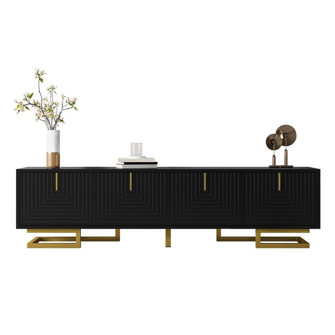 TV-Meubel - Met Structuurdeuren en Gouden Grepen - Lowboard - MDF - Wit