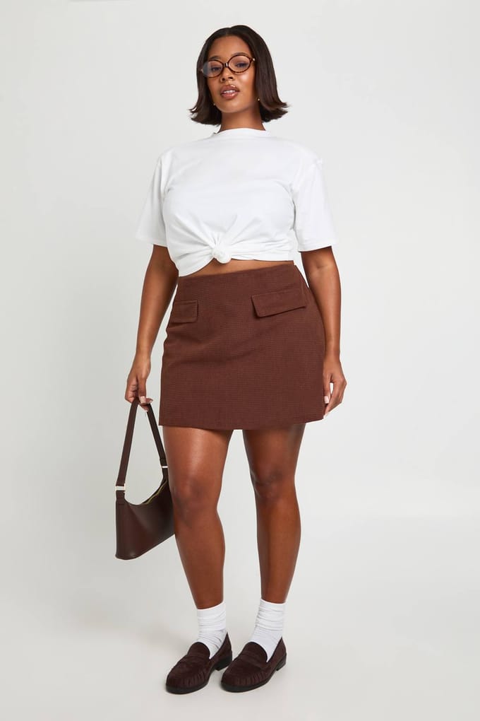 boohoo Dames Plus Geborsteld Visgraat Geruite Skort | Brown | Maat: 28