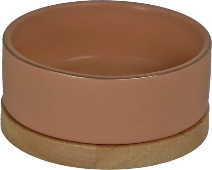 De Boon - Honden Eetbak - keramiek/hout - zalm roze - 13cm