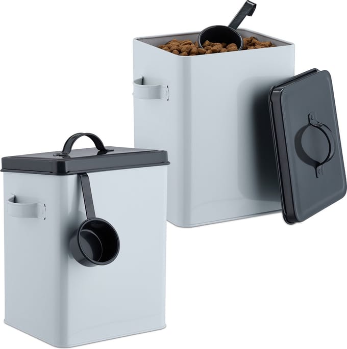 Honden- en Kattenbrokken Voercontainer Set van 2 - 55 L Met Deksel en Lepel (Wit/Antraciet)