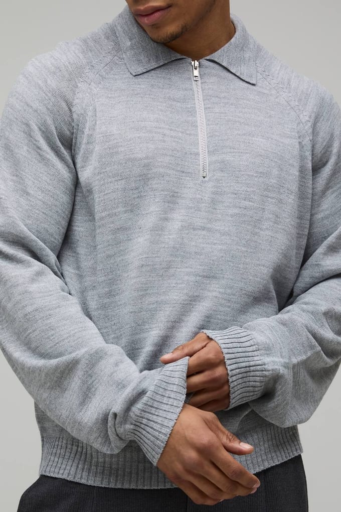 Regular 1/4 Zip Knitted Polo T-Shirt | Light Grey | Size Small