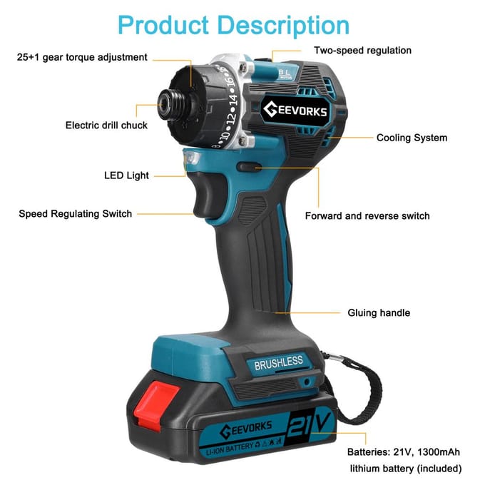 Geevorks 21V draadloze elektrische boormachine, borstelloze motor, 2 snelheden, bedieningsmodi vooruit en achteruit 2pcs batteries US Plug veelkleurig