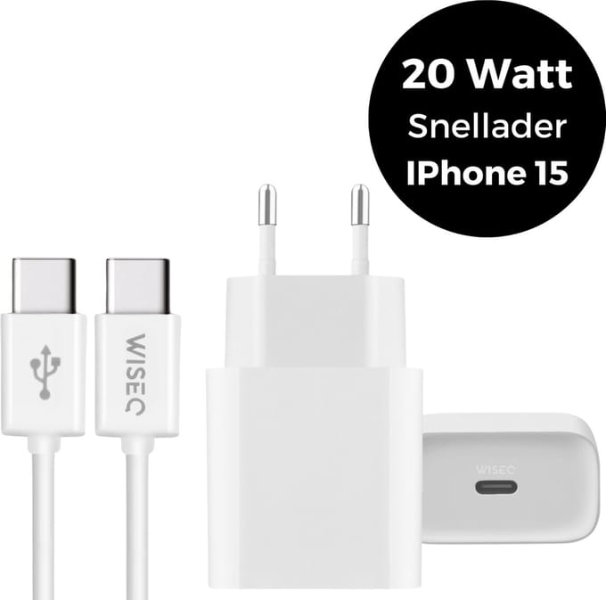 20W Snellader met USB C kabel 1m - Premium lader geschikt voor iPhone 17 / 16 / 15 - Compacte USB C adapter - USB C oplaadkabel 1m - wit - WiseQ