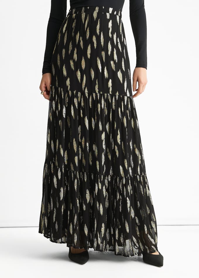Zwarte geknipte jacquard gelaagde maxi-rok