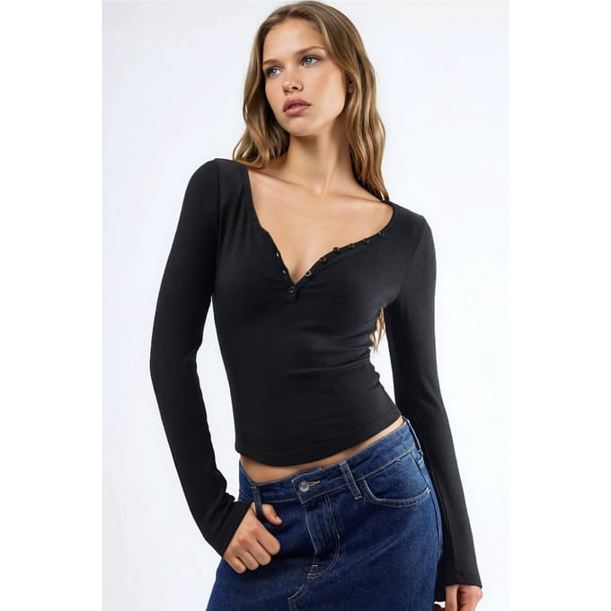 Knoopkraag Lange Mouw Elastische Blouse