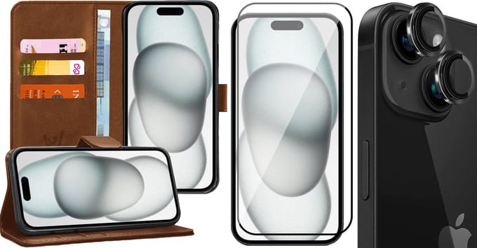 Hoesje geschikt voor iPhone 15 Plus - Screenprotector FullGuard & Camera Lens Screen Protector Zwart - Book Case Kunstleer Pasjeshouder Bruin