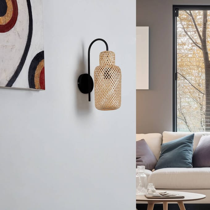 Lindby - Wandlampen - 1licht - Bamboe, plastic - H: 43.42 cm - E27 - licht hout, zwart