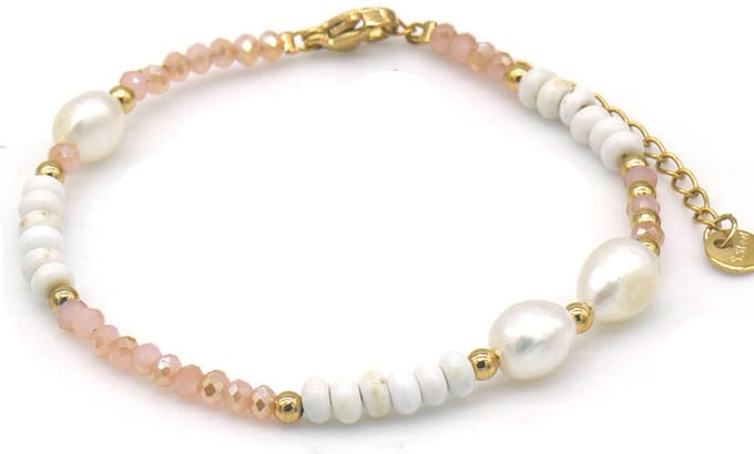 Armband - RVS - glaskralen en parels - goudkleurig - 16-21 cm - dames