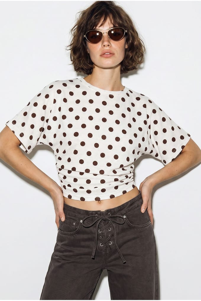 Dames Korte Gepofte Polka Dot Crew Neck T-Shirt