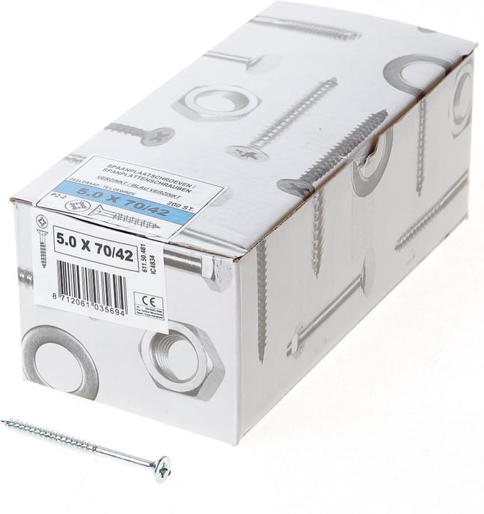 Spaanplaatschroef - Pozidrive 2 - 5,0 x 70mm - Voldraad - Verzinkt (200 stuks)