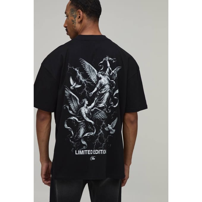 Zwart Oversized Renaissance Duif Print T-shirt | Black | Size Medium