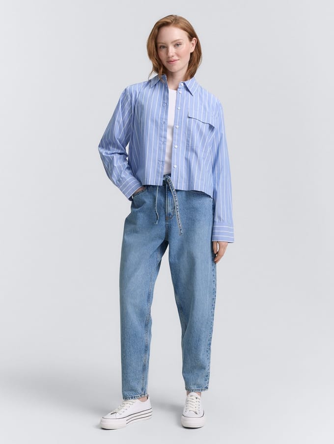 Tom Tailor Denim - TTADEA BARREL-jeans met riem - Maat M - Used Mid Stone Blue Denim