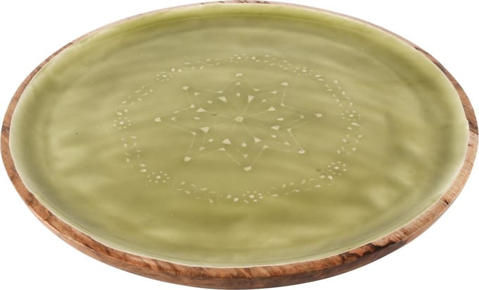 Dekoratief | Dienblad rond, naturel/groen, hout/enamel, 30x30x4cm | A248085