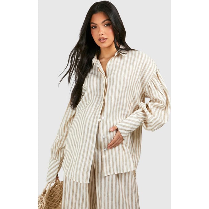 boohoo Dames Maternity Stripe Linen Look Oversized Shirt | Steen | Maat: 44
