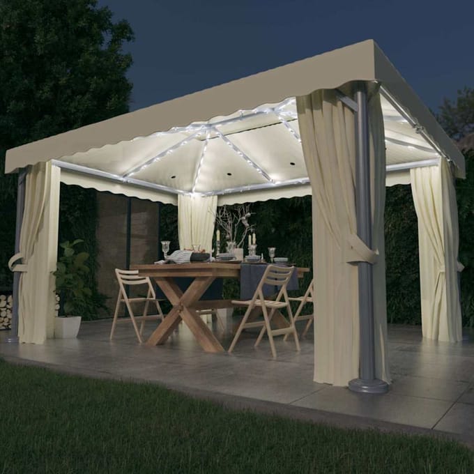 vidaXL - Prieel - met - gordijn - en - LED-lichtslinger - 4x3 - m - crèmewit