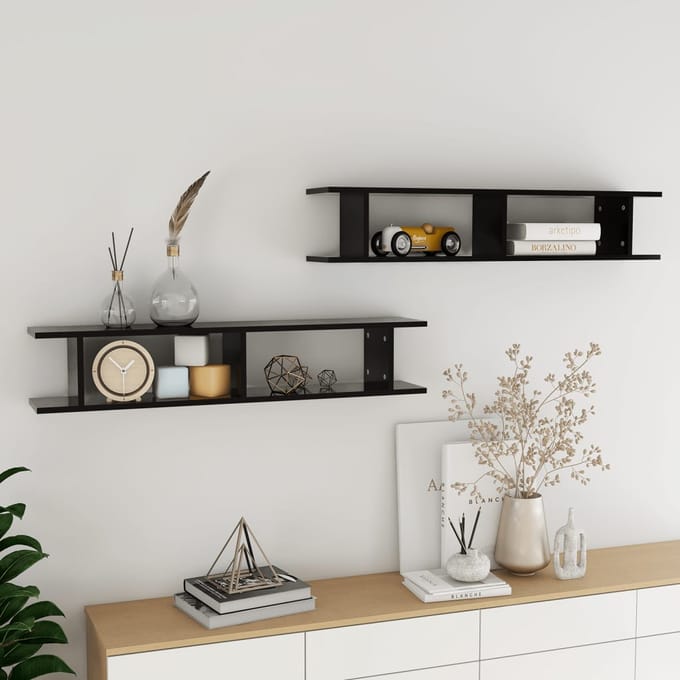 vidaXL - Wandschappen - 2 - st - 105x18x20 - cm - bewerkt - hout - zwart