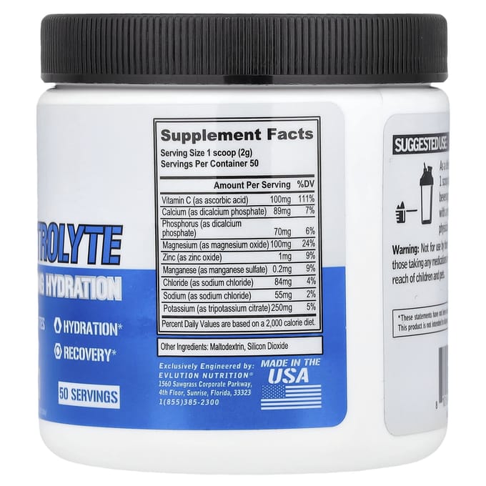 EVLution Nutrition, Elektrolyt, Verbeterde Hydratatie, Ongezoet, 100g (3,53 oz)