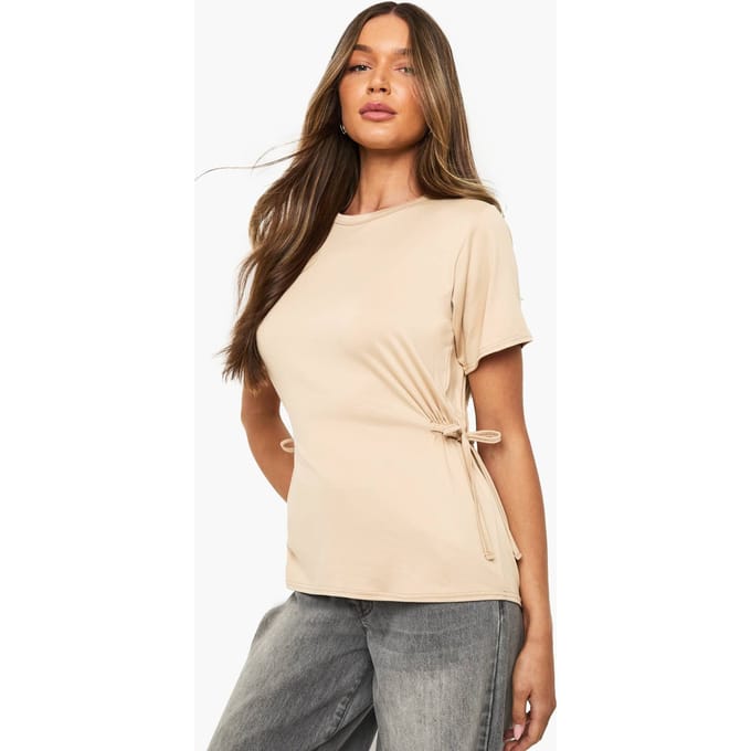 boohoo Dames T-shirt met striklint op de taille | Stone | Maat: 6