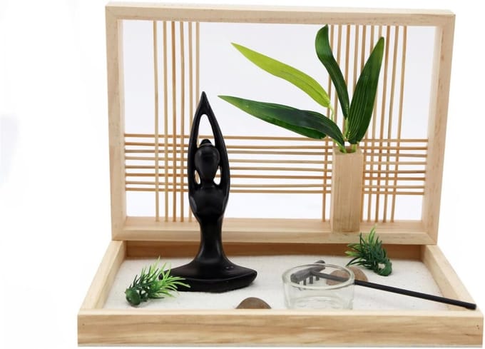 Zen Garden Set - Miniatuur Tuin - Ontspanning Thuis - Met Houten Frame - 19x17x24 cm - Multicolor