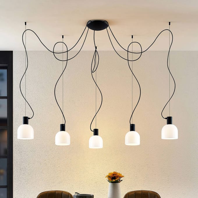 Lucande - hanglamp - 5lichts - glas, ijzer - E27 - wit, zwart