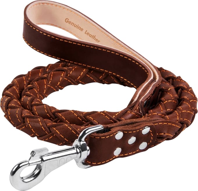 WAUDOG Classic Hondenriem - Gevlochten (rond) - Leder - Bruin - Diameter: 28 mm - Lengte: 122 cm