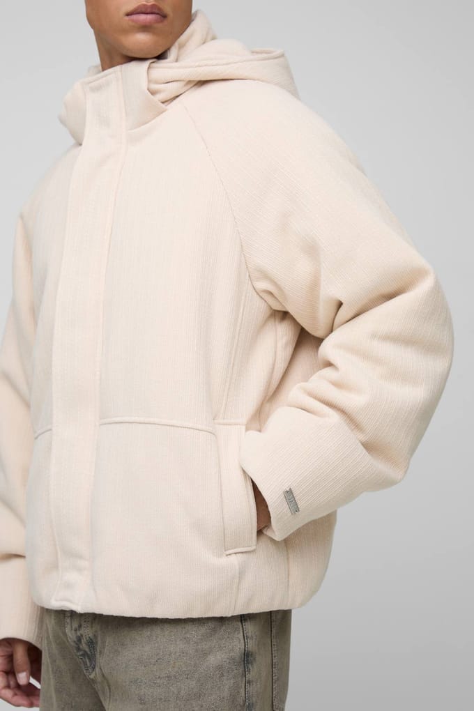 Hoge Gebreide Capuchon Oversized Boxy Puffer Jas | Ecru | Size Medium