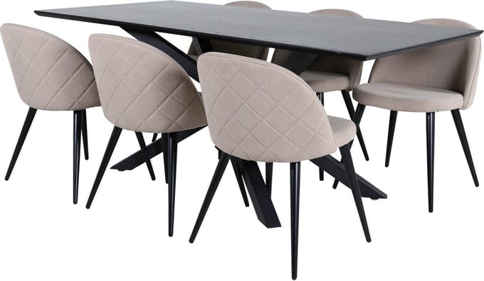 PiazzaBLBL eethoek eetkamertafel zwart en 6 Velvet Stitches eetkamerstal beige.
