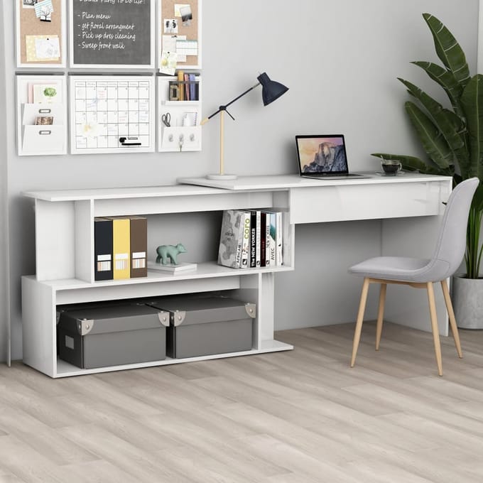 vidaXL - Hoekbureau - 200x50x76 - cm - bewerkt - hout - hoogglans - wit